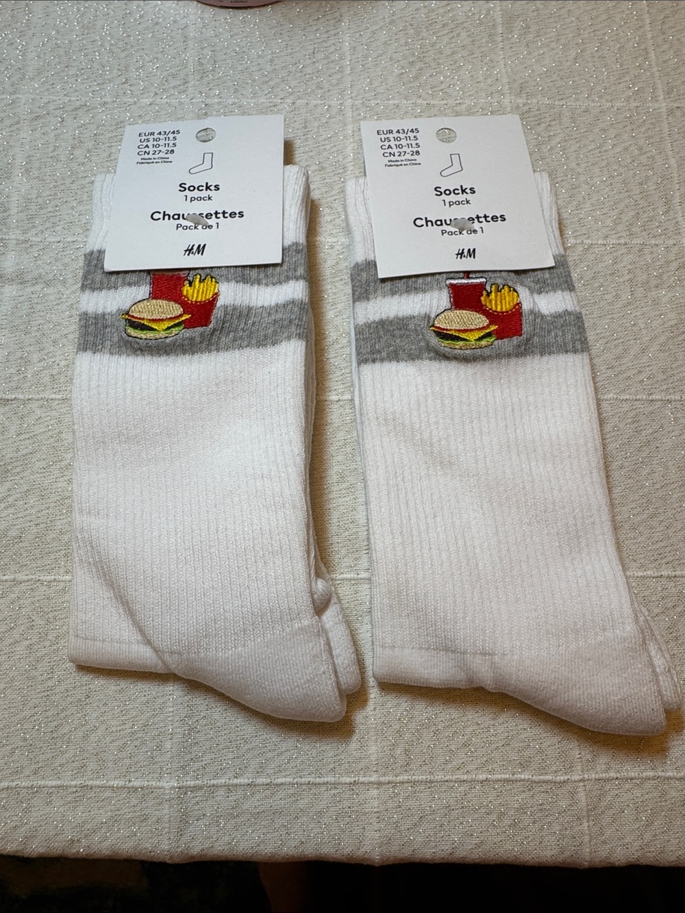 H&M White Crew Socks with Burger & Fries Design